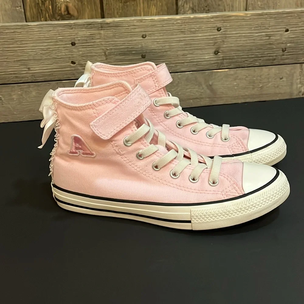 Converse pink girly shoes frilly coquette lace pretty bows back to school cool